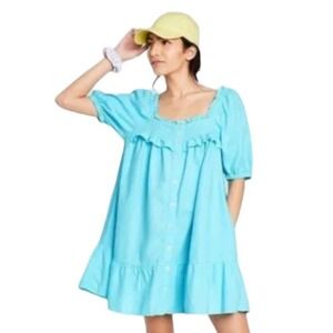 Stoney Clover Lane x Target Blue Ruffle‎ Babydoll Mini Dress Linen Size Small
